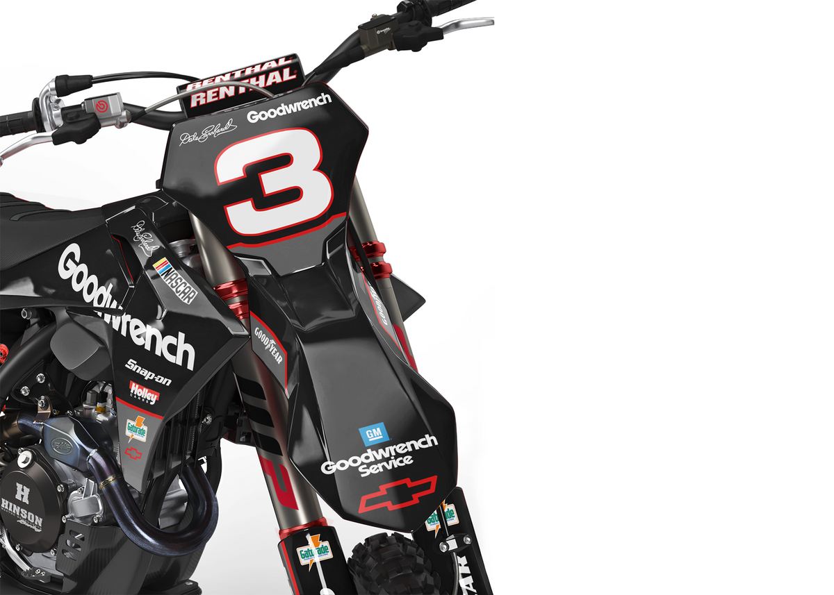 Gasgas dirt bike with black grey and red design front view