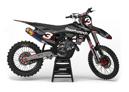 Gasgas dirt bike with black grey and red design side view